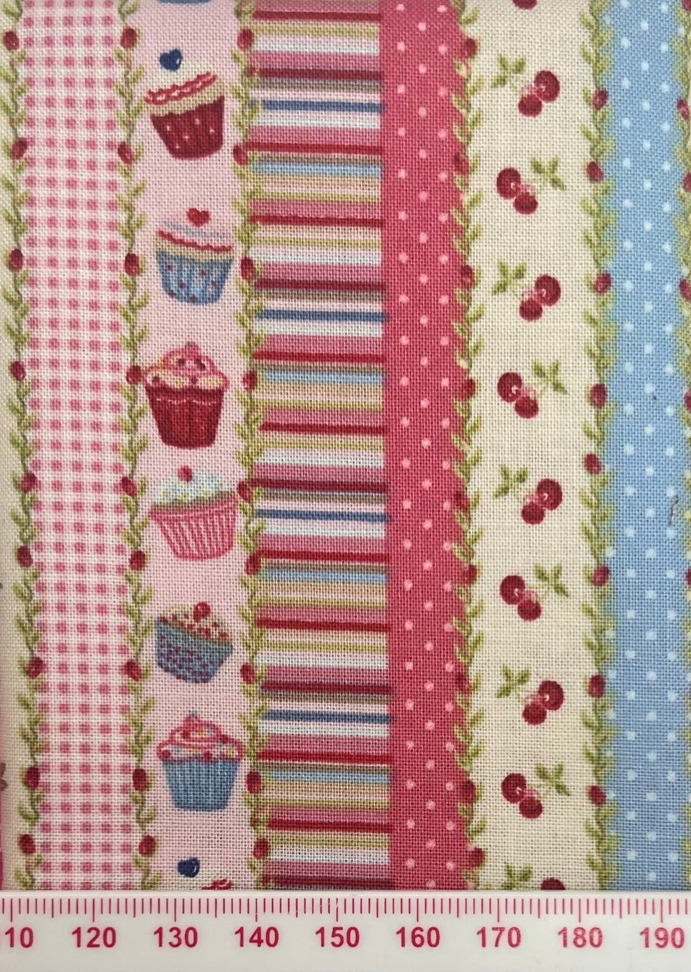 Stripes with different patterns (cupcakes, Cherrys, gingham and spots)