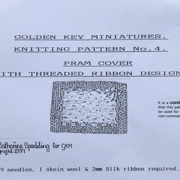 Knitting pattern pram cover with threaded ribbon design 1:12th scale