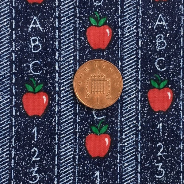 Denim blue effect with apples, numbers and letters.