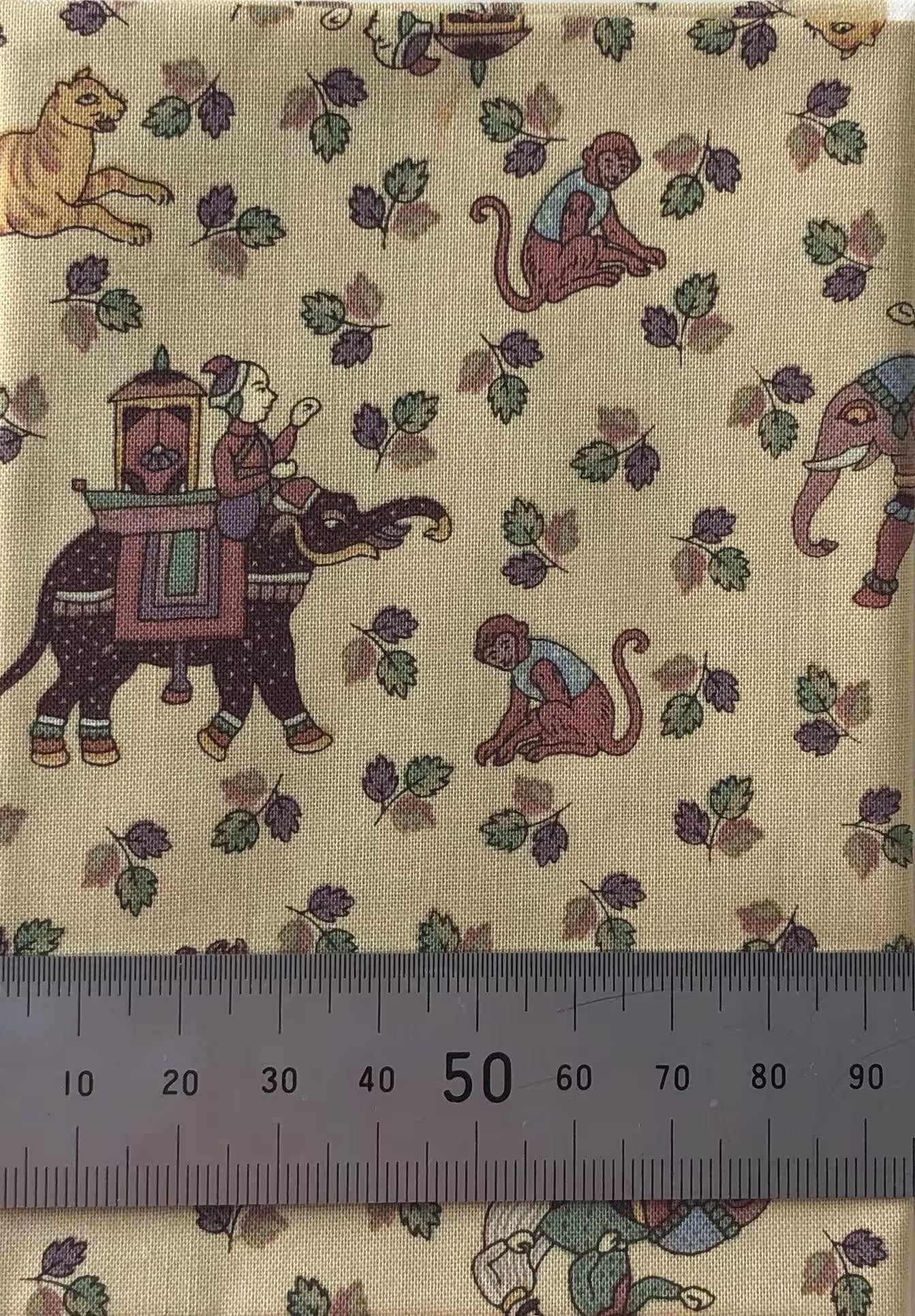 Elephant, tiger and monkeys on cream cotton