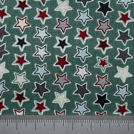 Multi coloured star print on a aqua cotton
