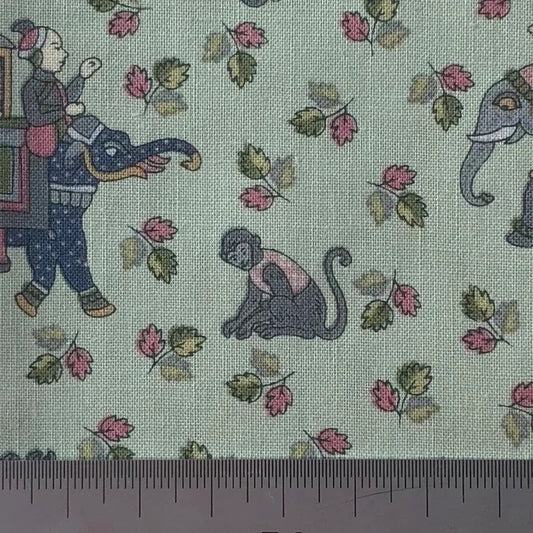 Elephant, tiger and monkey print on mint cotton
