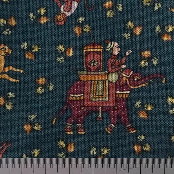 Elephant, tiger and monkey on teal cotton