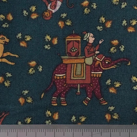 Elephant, tiger and monkey on teal cotton (fat quarter)