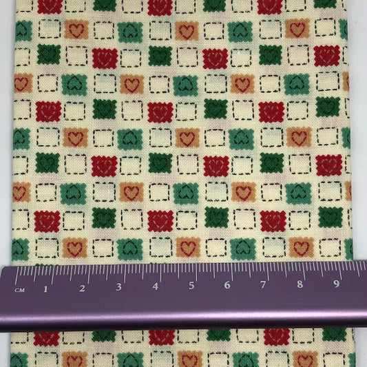 Green, red and yellow squares with heart patchwork cotton print (fat quarter)