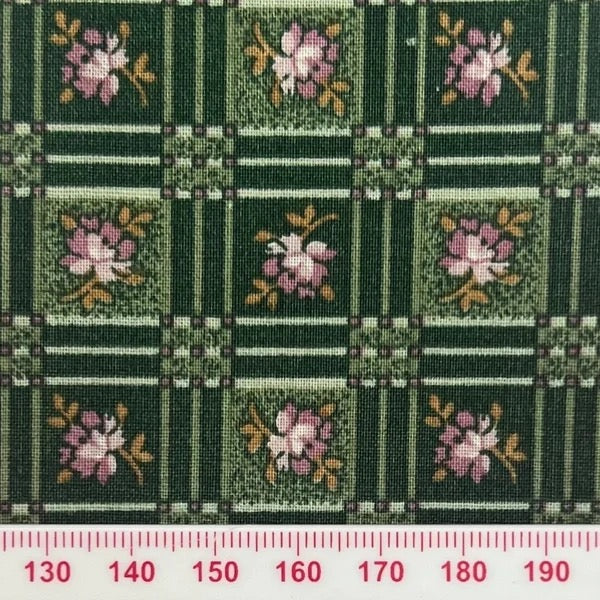Pink flowers in squares on green shades (fat quarter)