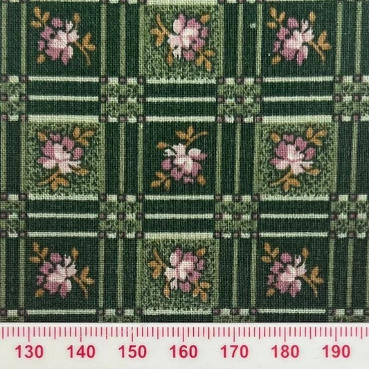 Pink flowers in squares on green shades (fat quarter)