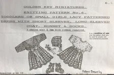 Knitting Pattern. Toddlers or small girls lacy patterned dress with short sleeves, long sleeved coat, bonnet and socks. 1:12th scale dolls
