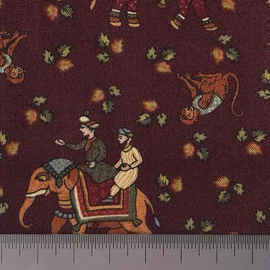 Elephant, tiger and monkey on burgandy cotton (fat quarter)