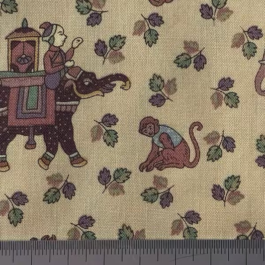 Elephant, tiger and monkeys on cream cotton