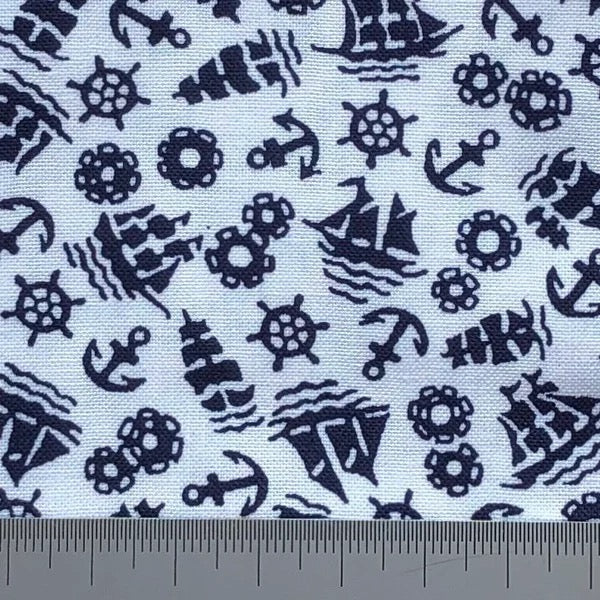 Boats and anchor print on white cotton