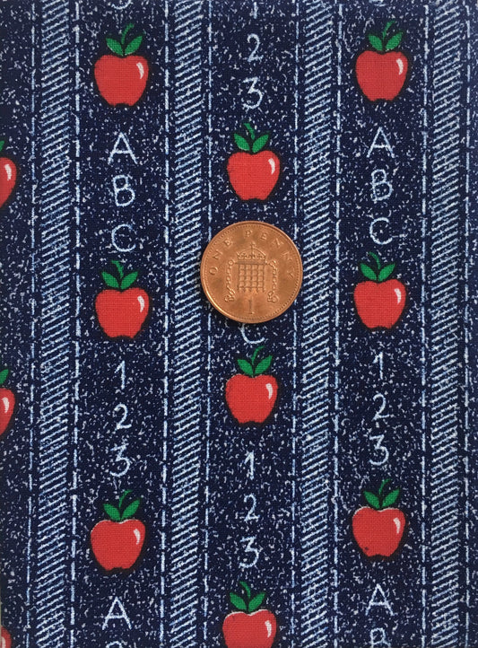 Denim blue effect with apples, numbers and letters. (Fat quarter)