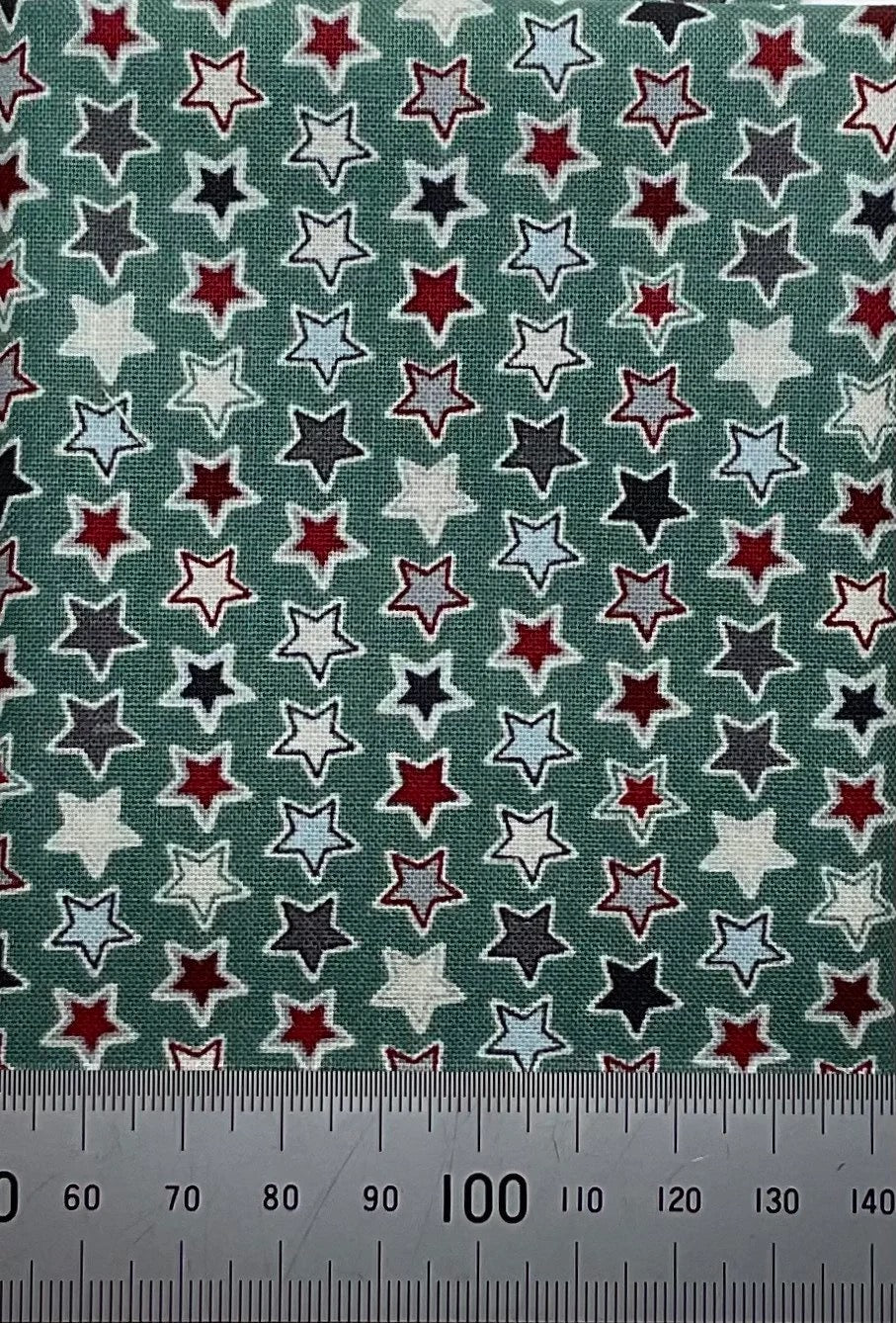 Multi coloured star print on a aqua cotton