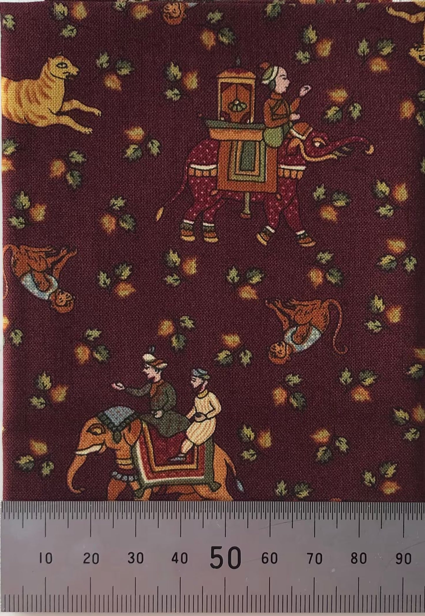 Elephant, tiger and monkey on burgandy cotton (fat quarter)