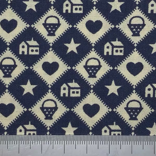 Blue and cream diamonds with symbol pattern (fat quarter)