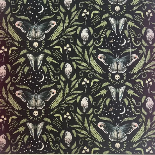 Moths, owls and botanicals on black cotton (fat quarter)