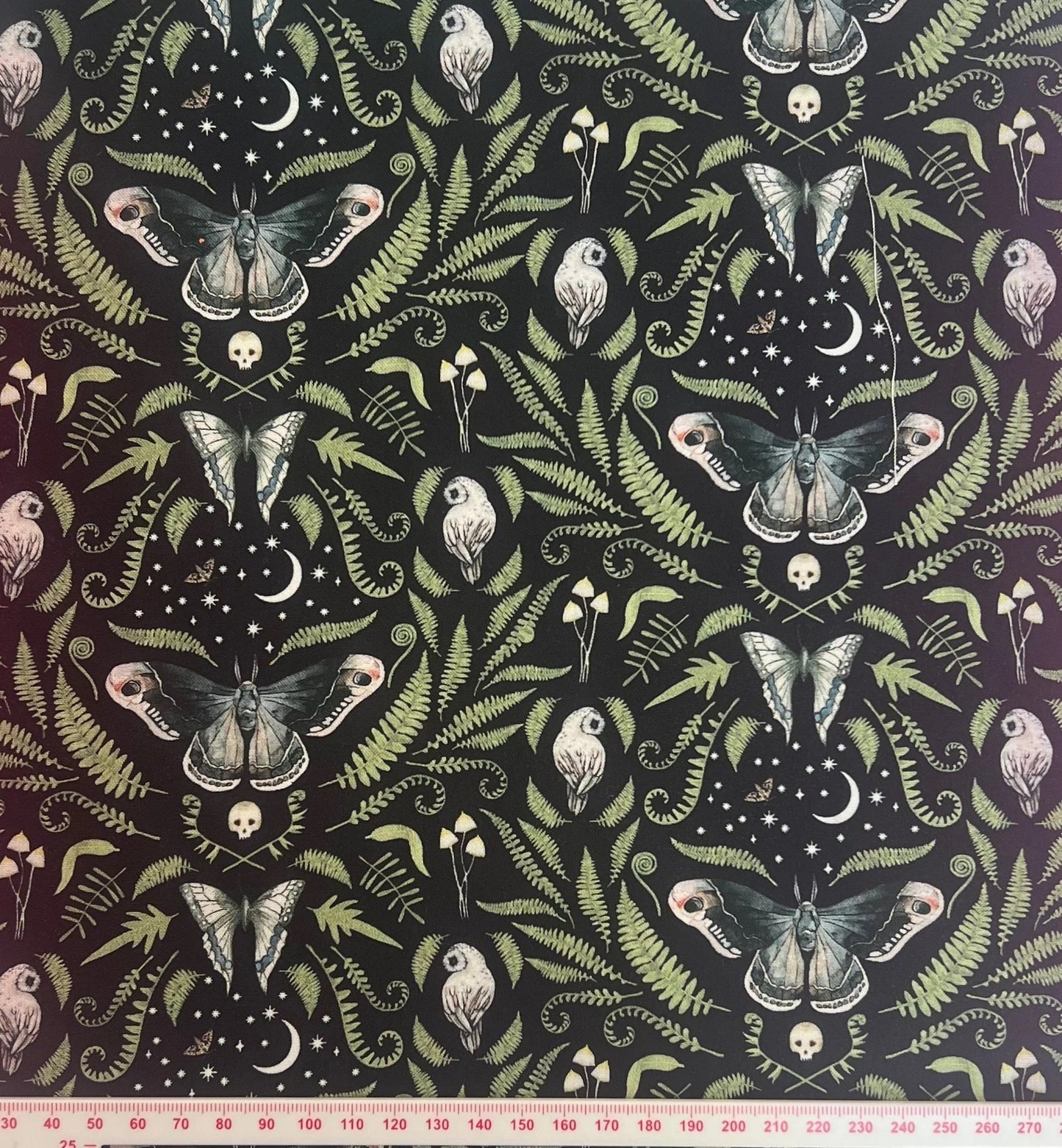 Moths, owls and botanicals on black cotton (fat quarter)